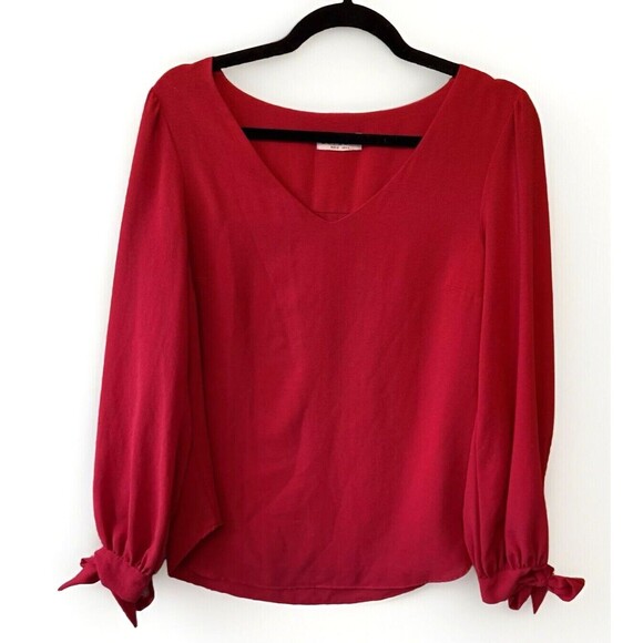 Estelle Tops - Estelle Blouse Womens L Casual  V-Neck Tie Cuff Long Sleeve Round Hem Top Red